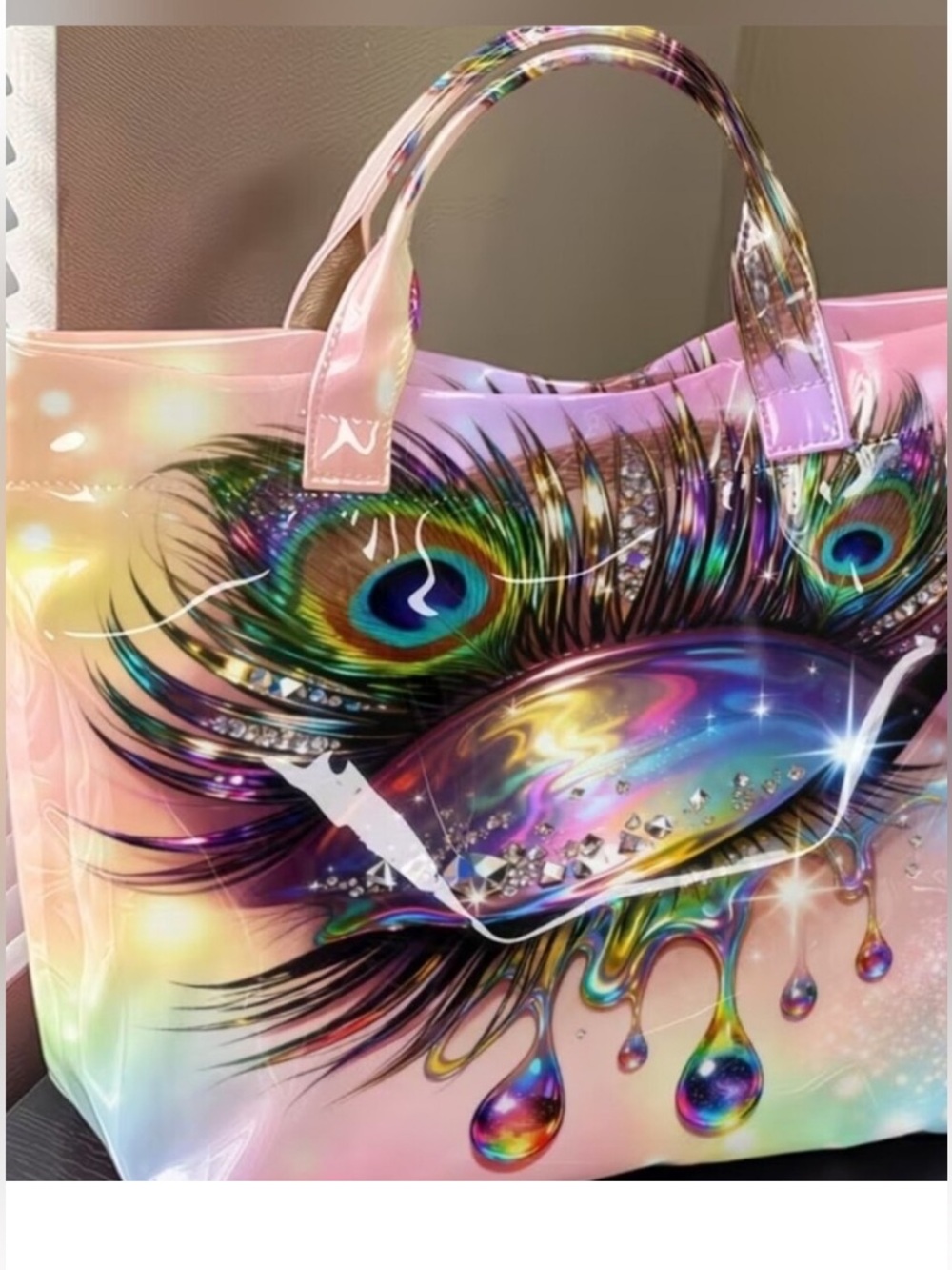 Iridescent Peacock Feather eye Pink Tote Bag - Picture 2 of 5